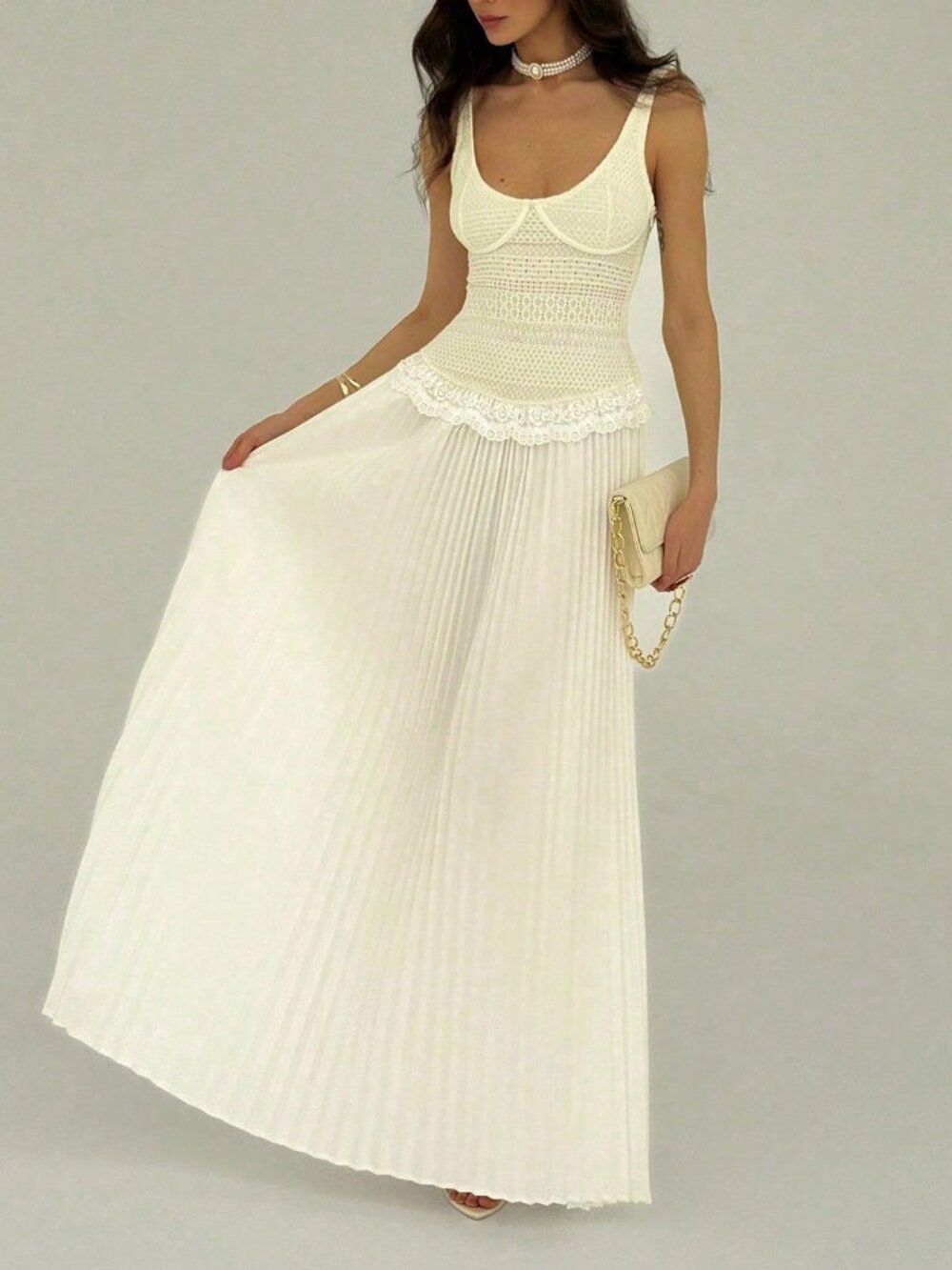 Beige Elegant Women's Fitted Sexy Low-Cut Pleated Lace Trim Maxi Dress - Picture 2 of 6